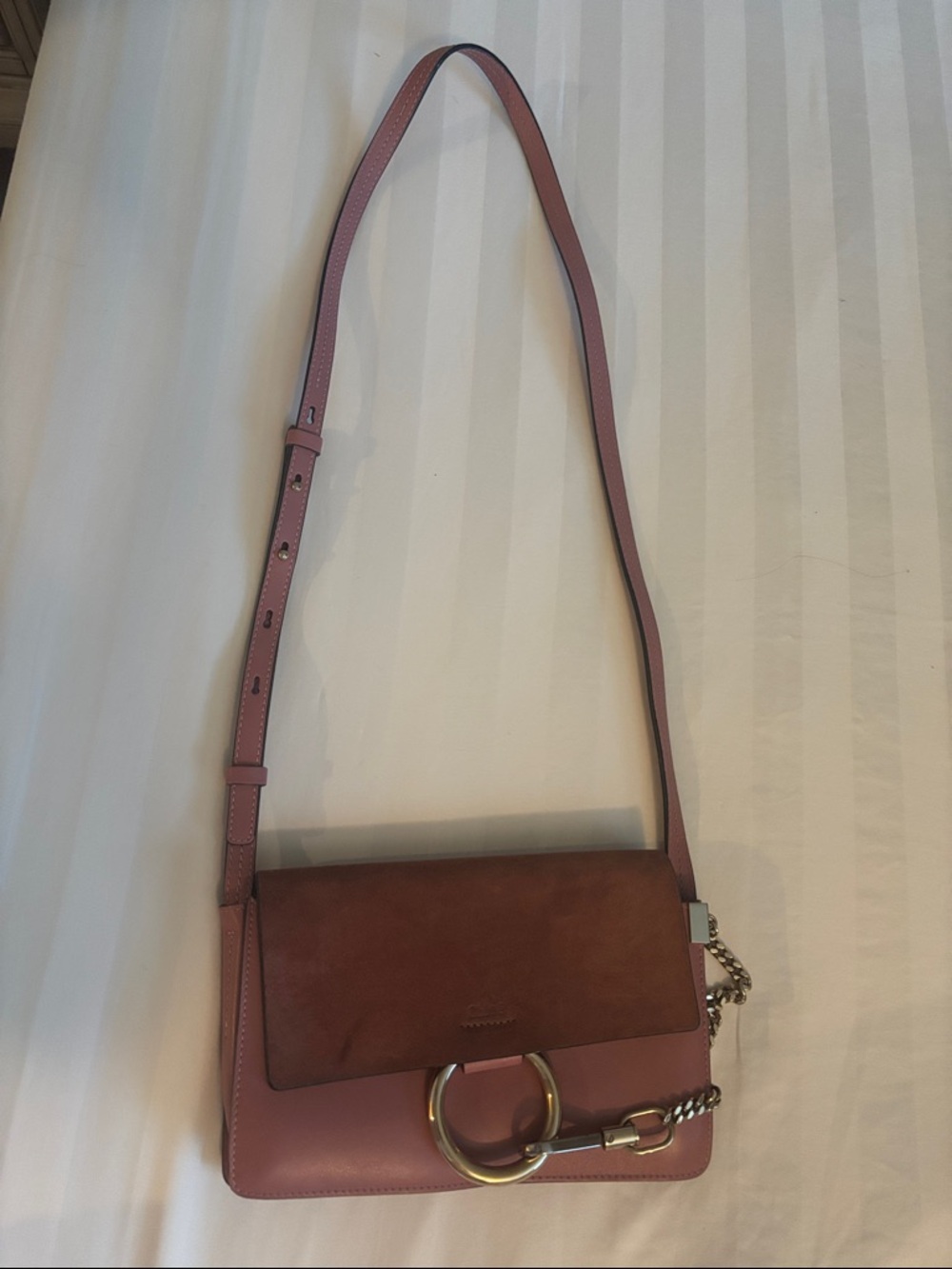 Chloe Pink Leather and Suede Crossbody with Gold Ring Detail